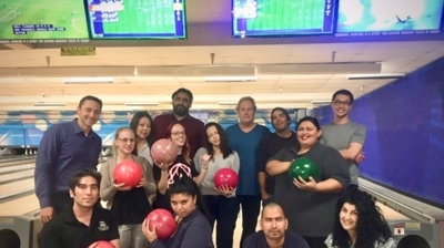 The team hits the lanes at Matador Bowling. Photo